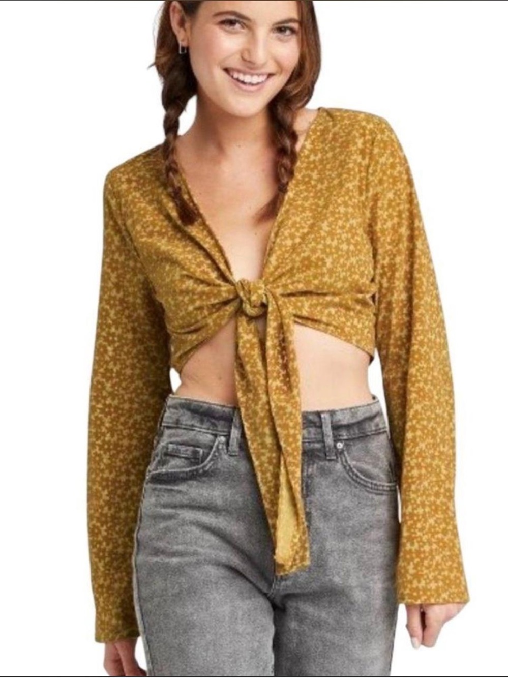 Wild Fable Mustard Yellow Tie-Front Long Sleeve Top